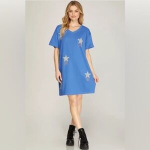 RHINESTONE STUDDED STAR FRINGE V NECK‎ KNIT DRESS blue Women’s SIZE 1X western
